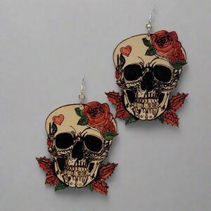 Large Skull With a Rose and Heart Earrings